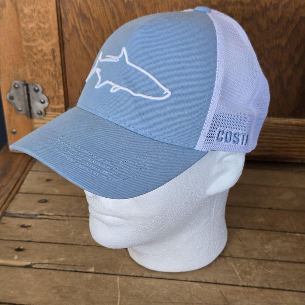 Costa Shark Fish Hat Cap Snap Back Mens One Size Blue White Mesh Trucker Fishing